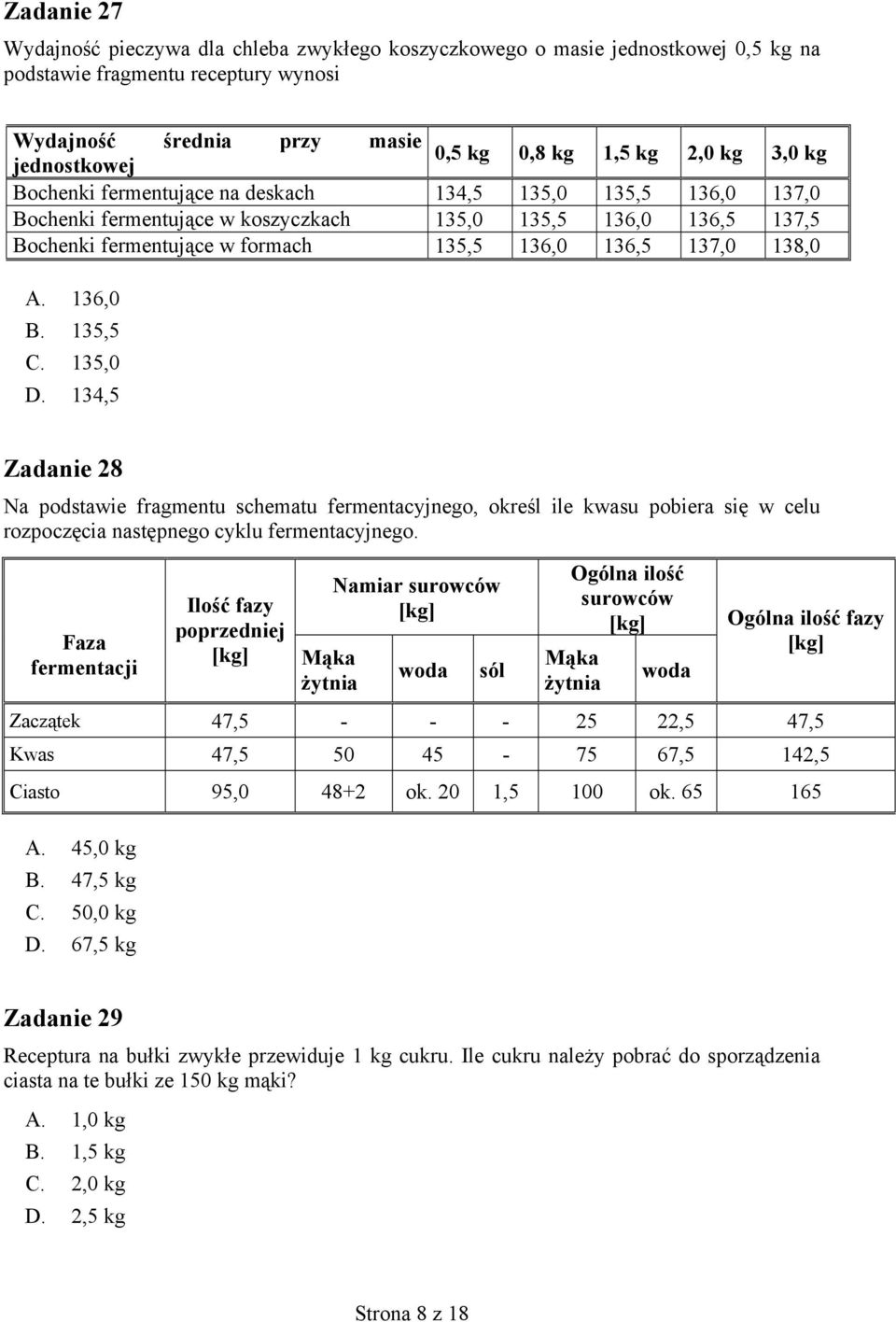 138,0 A. 136,0 B. 135,5 C. 135,0 D. 134,5 Zadanie 28 Na podstawie fragmentu schematu fermentacyjnego, określ ile kwasu pobiera się w celu rozpoczęcia następnego cyklu fermentacyjnego.