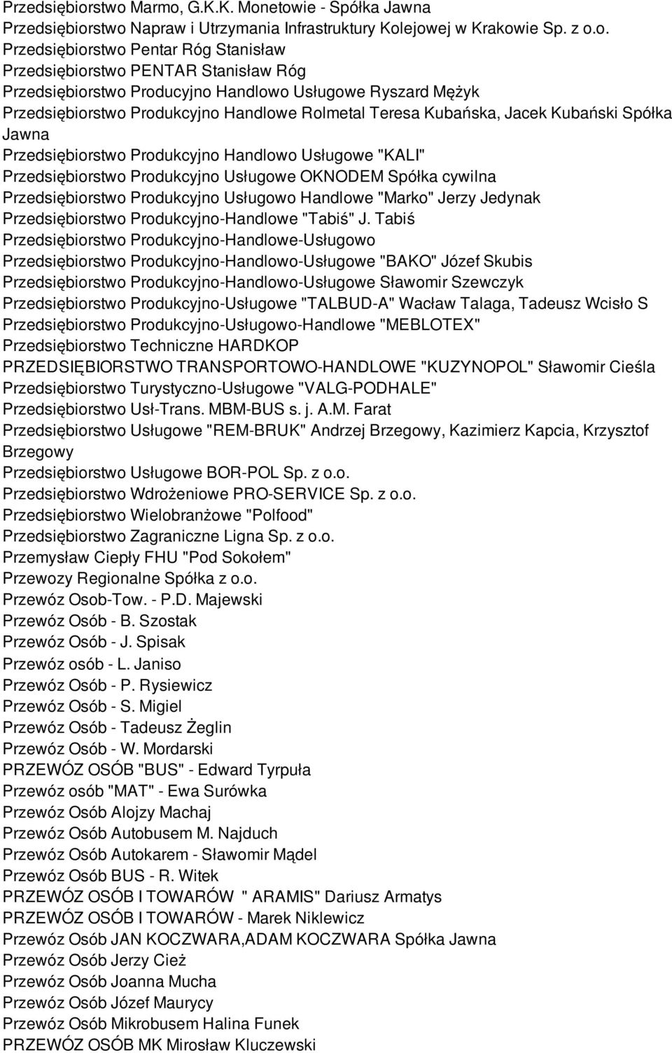 Usługowe Ryszard Mężyk stwo Produkcyjno Handlowe Rolmetal Teresa Kubańska, Jacek Kubański Spółka Jawna stwo Produkcyjno Handlowo Usługowe "KALI" stwo Produkcyjno Usługowe OKNODEM Spółka cywilna stwo