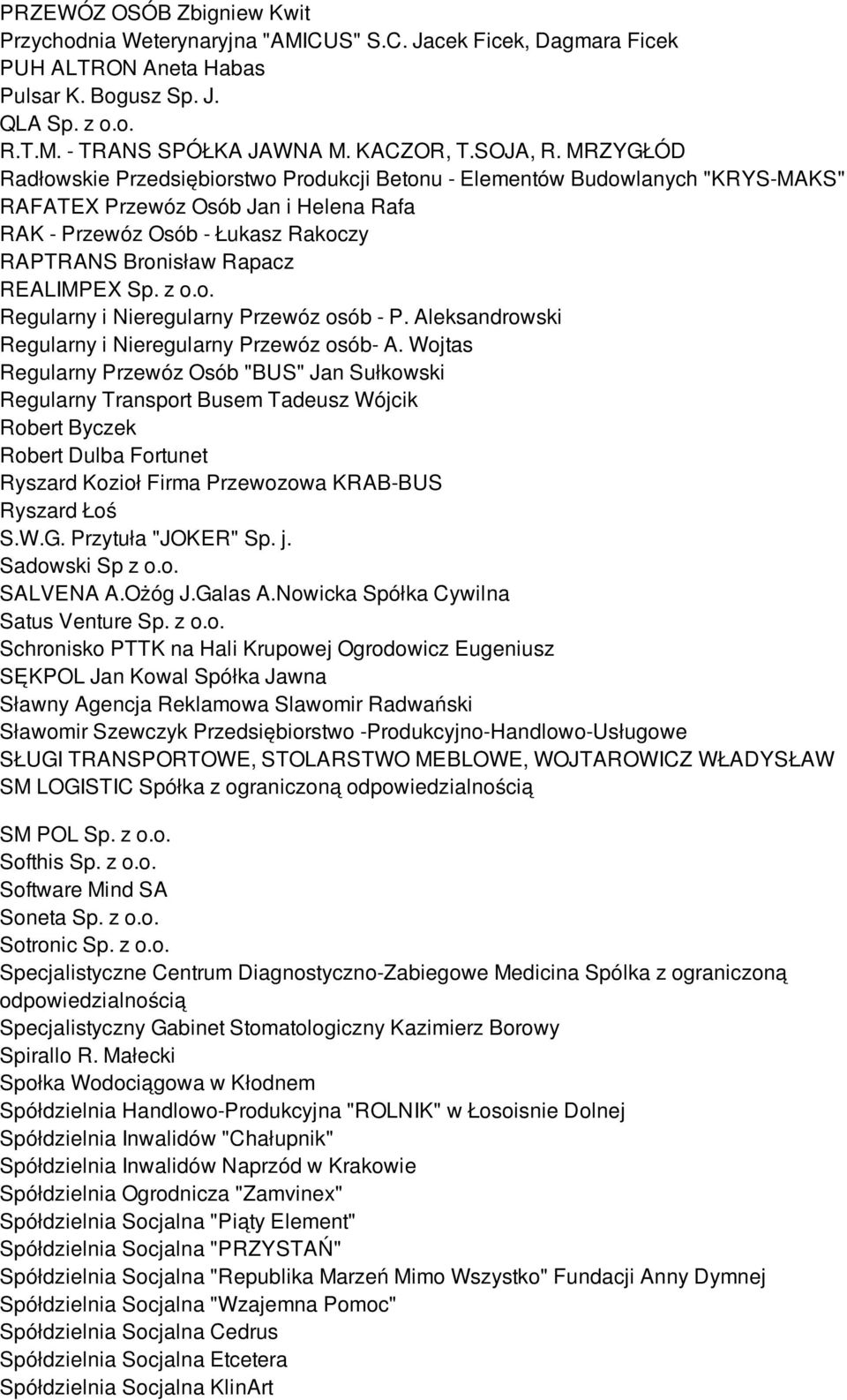 MRZYGŁÓD Radłowskie Przedsiębiorstwo Produkcji Betonu - Elementów Budowlanych "KRYS-MAKS" RAFATEX Przewóz Osób Jan i Helena Rafa RAK - Przewóz Osób - Łukasz Rakoczy RAPTRANS Bronisław Rapacz