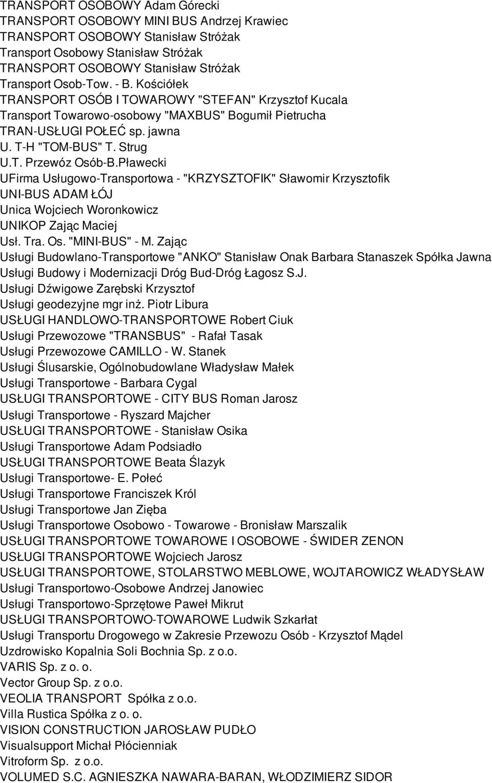 Pławecki UFirma Usługowo-Transportowa - "KRZYSZTOFIK" Sławomir Krzysztofik UNI-BUS ADAM ŁÓJ Unica Wojciech Woronkowicz UNIKOP Zając Maciej Usł. Tra. Os. "MINI-BUS" - M.