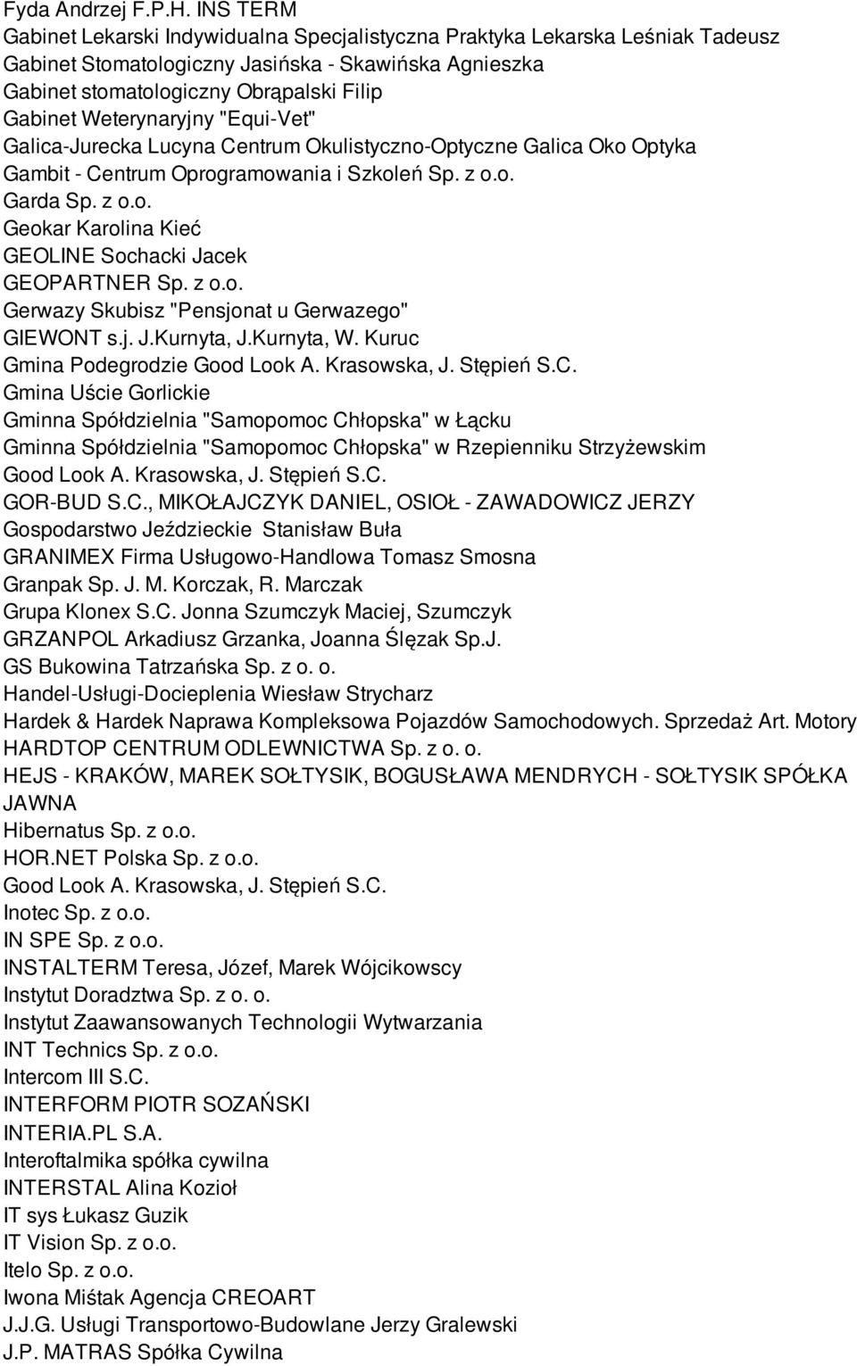 Weterynaryjny "Equi-Vet" Galica-Jurecka Lucyna Centrum Okulistyczno-Optyczne Galica Oko Optyka Gambit - Centrum Oprogramowania i Szkoleń Sp. z o.o. Garda Sp. z o.o. Geokar Karolina Kieć GEOLINE Sochacki Jacek GEOPARTNER Sp.