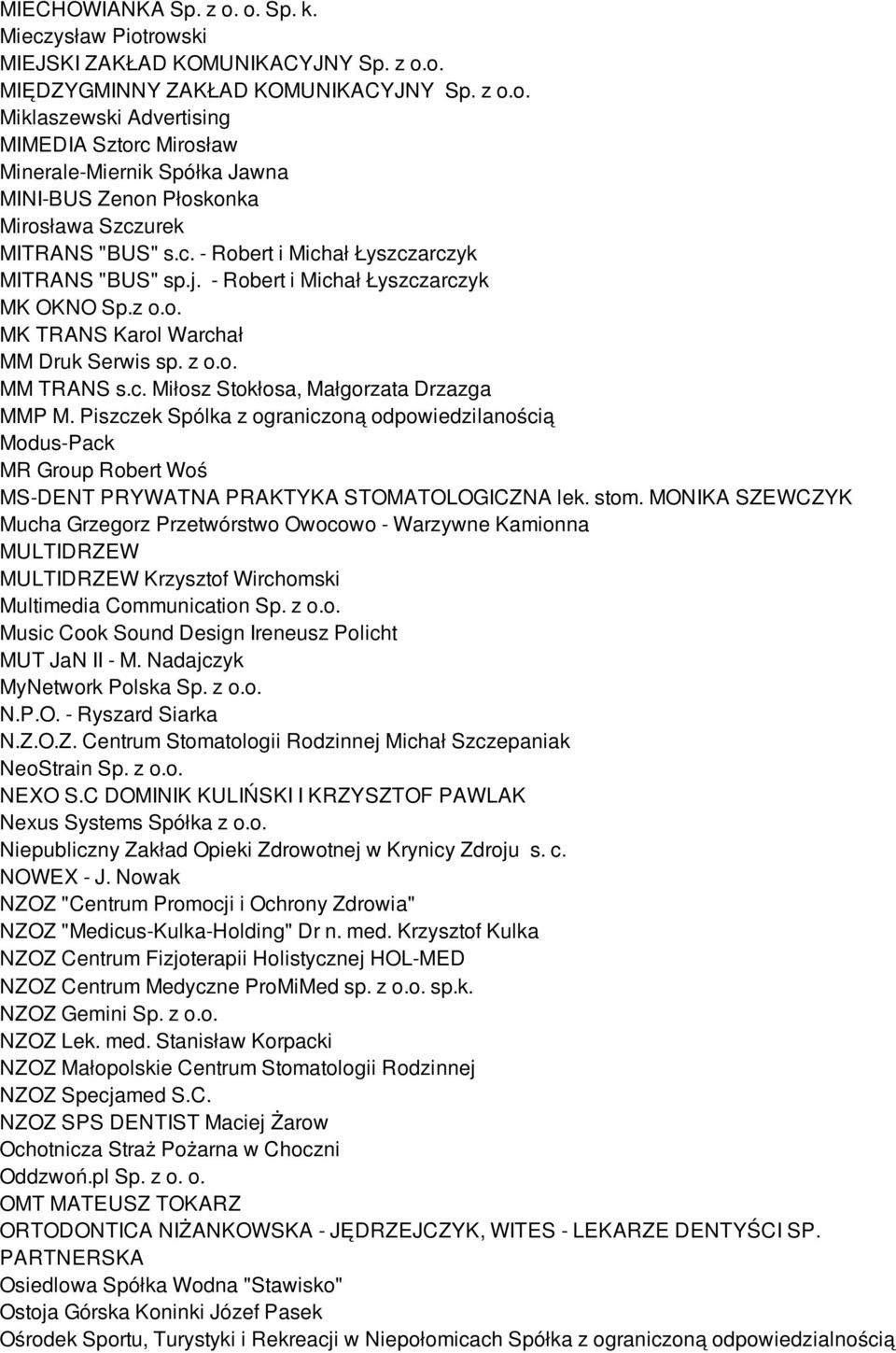 Piszczek Spólka z ograniczoną odpowiedzilanością Modus-Pack MR Group Robert Woś MS-DENT PRYWATNA PRAKTYKA STOMATOLOGICZNA lek. stom.