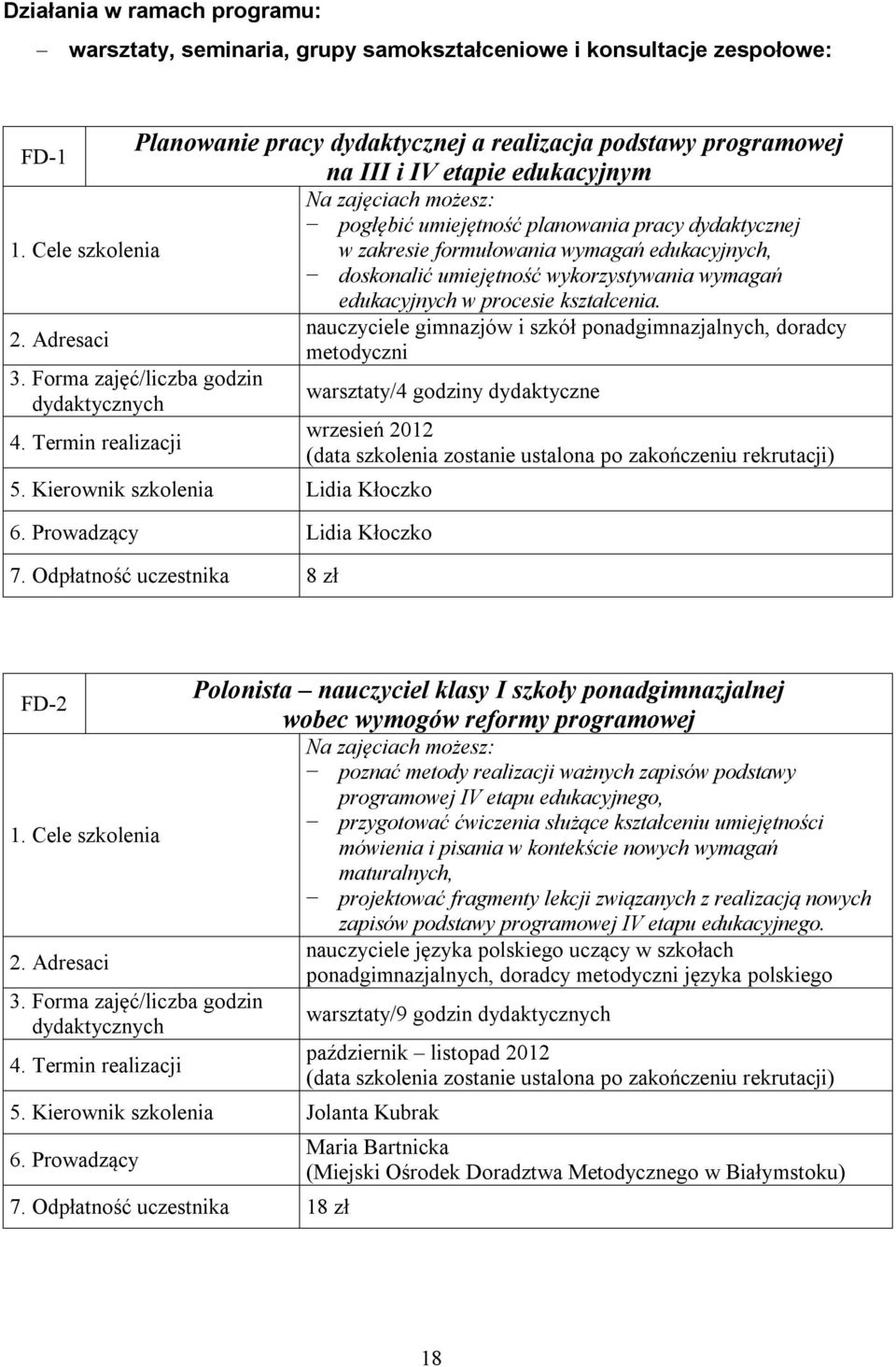 nauczyciele gimnazjów i szkół ponadgimnazjalnych, doradcy metodyczni 5. Kierownik szkolenia Lidia Kłoczko 6. Prowadzący Lidia Kłoczko 7.