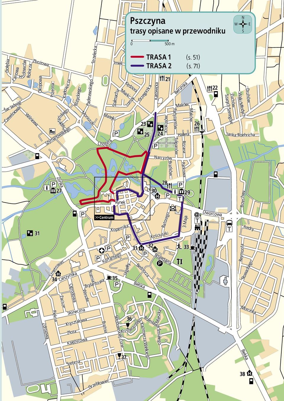 Miarki Pszczyna trasy opisane w przewodniku Kędziora Lercha Lompy Rogalińskiego 0 500 m Zgrzebnioka Grzegorzk a 23 Katowicka Krokusów Górnośląska Maków Maków Hallera Piechurów TRASA 1 (s.