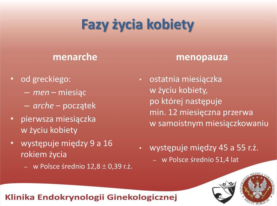 0,39 r.ż. menopauza ostatnia miesiączka w życiu kobiety, po której następuje min.