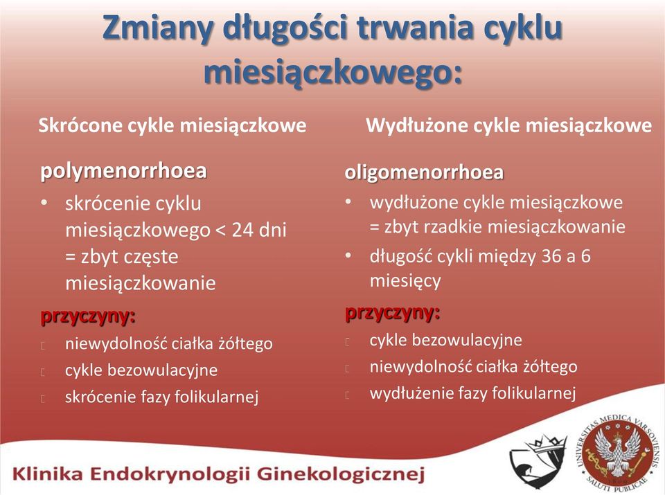 skrócenie fazy folikularnej Wydłużone cykle miesiączkowe oligomenorrhoea wydłużone cykle miesiączkowe = zbyt rzadkie