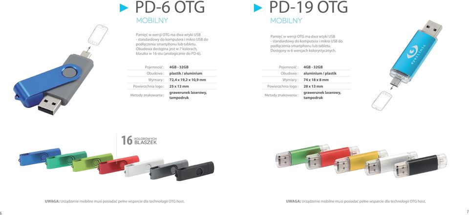 Pamięć w wersji OTG ma dwa wtyki USB - standardowy do komputera i mikro USB do podłączenia smartphonu lub tabletu. Dostępny w 6 wersjach kolorystycznych.