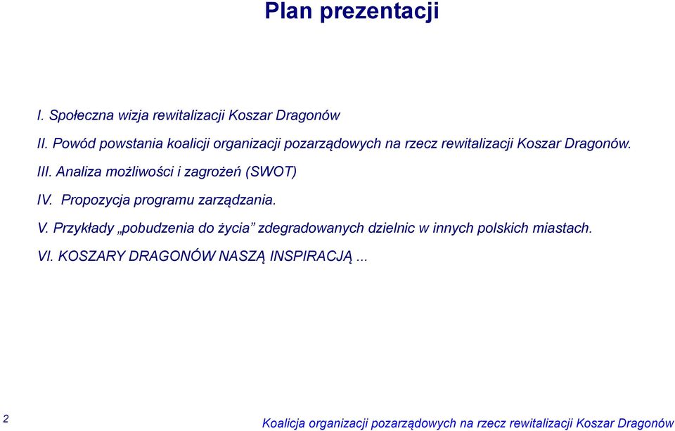 III. Analiza możliwości i zagrożeń (SWOT) IV. Propozycja programu zarządzania. V.