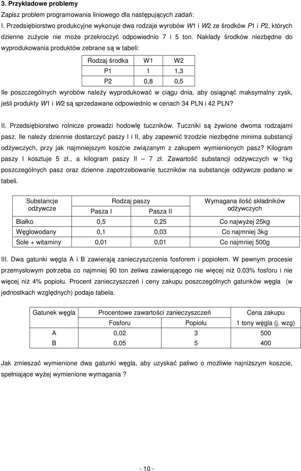 Nakłady środków niezbędne do wyprodukowania produktów zebrane są w tabeli: Rodzaj środka W W P,3 P 0,8 0,5 Ile poszczególnych wyrobów należy wyprodukować w ciągu dnia, aby osiągnąć maksymalny zysk,