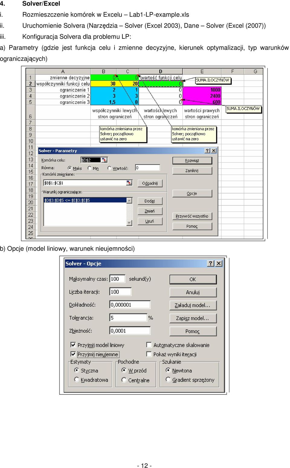 Konfiguracja Solvera dla problemu LP: a) Parametry (gdzie jest funkcja celu i zmienne