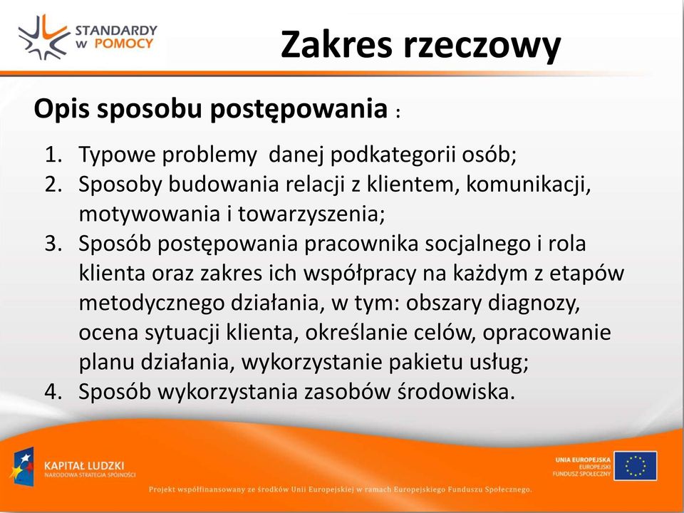 Sposób postępowania pracownika socjalnego i rola klienta oraz zakres ich współpracy na każdym z etapów metodycznego