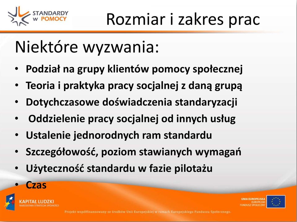 standaryzacji Oddzielenie pracy socjalnej od innych usług Ustalenie jednorodnych ram