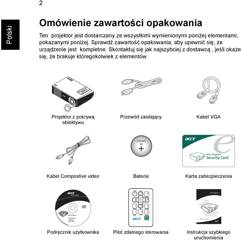 Skontaktuj się jak najszybciej z dostawcą, jeśli okaże się, że brakuje któregokolwiek z elementów.