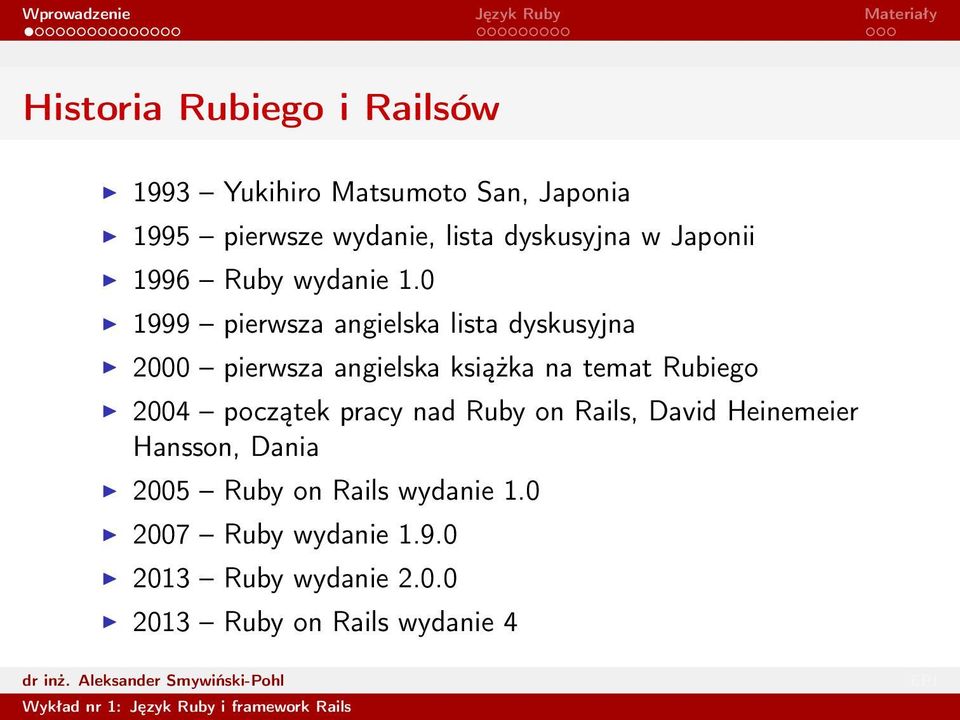 0 1999 pierwsza angielska lista dyskusyjna 2000 pierwsza angielska książka na temat Rubiego 2004