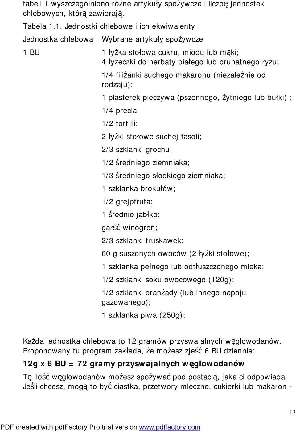 1. Jednostki chlebowe i ich ekwiwalenty Jednostka chlebowa 1 BU Wybrane artykuły spożywcze 1 łyżka stołowa cukru, miodu lub mąki; 4 łyżeczki do herbaty białego lub brunatnego ryżu; 1/4 filiżanki