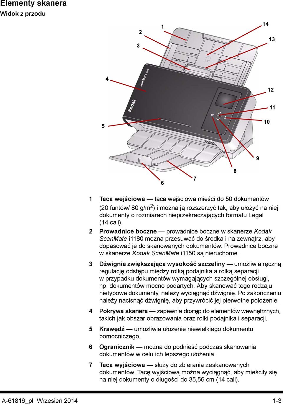 2 Prowadnice boczne prowadnice boczne w skanerze Kodak ScanMate i1180 można przesuwać do środka i na zewnątrz, aby dopasować je do skanowanych dokumentów.