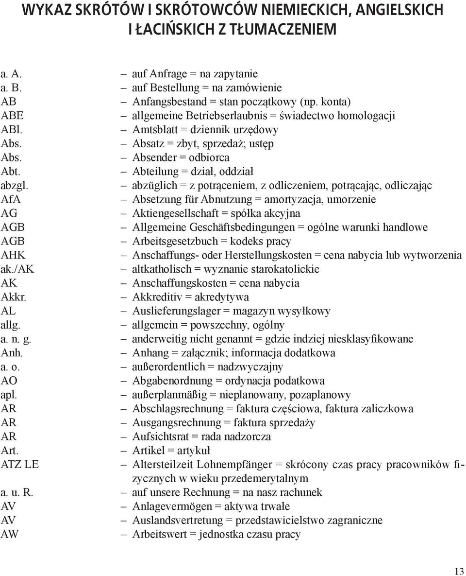 Absatz = zbyt, sprzedaż; ustęp Abs. Absender = odbiorca Abt. Abteilung = dział, oddział abzgl.