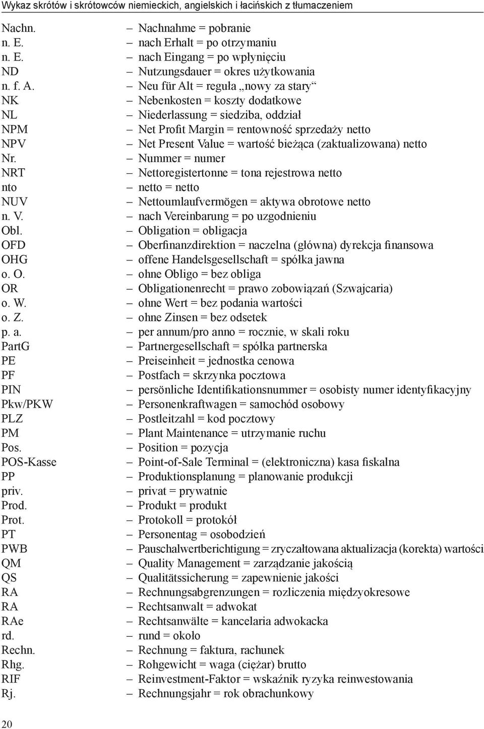 bieżąca (zaktualizowana) netto Nr. Nummer = numer NRT Nettoregistertonne = tona rejestrowa netto nto netto = netto NUV Nettoumlaufvermögen = aktywa obrotowe netto n. V.