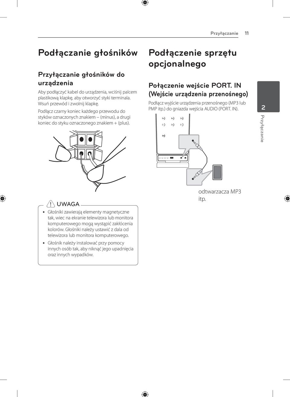 Podłączenie sprzętu opcjonalnego Połączenie wejście PORT. IN (Wejście urządzenia przenośnego) Podłącz wyjście urządzenia przenośnego (MP3 lub PMP itp.) do gniazda wejścia AUDIO (PORT. IN).