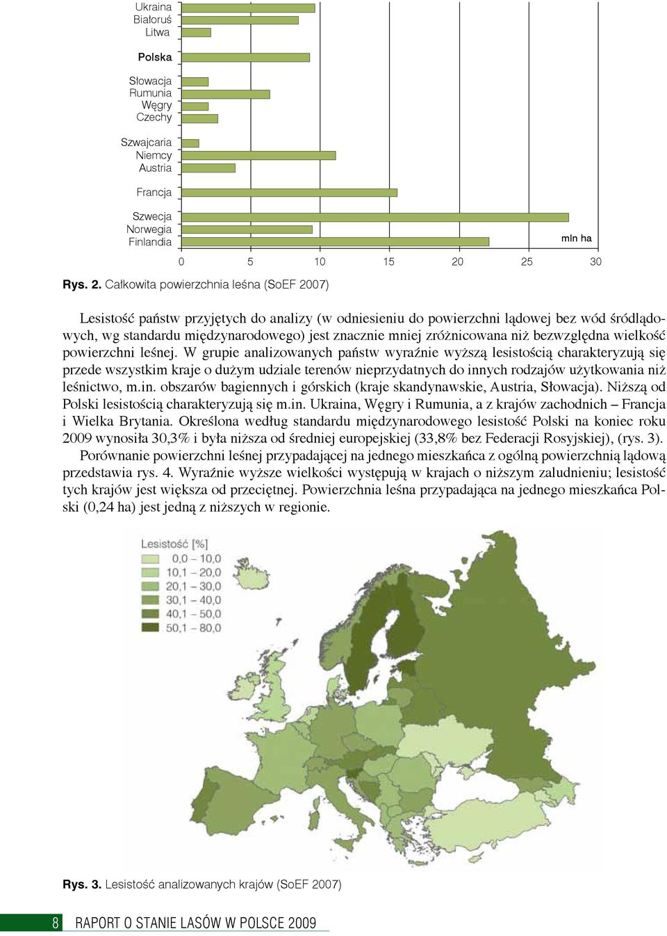 Całkowita powierzchnia leśna (SoEF 2007) Lesistość państw przyjętych do analizy (w odniesieniu do powierzchni lądowej bez wód śródlądowych, wg standardu międzynarodowego) jest znacznie mniej