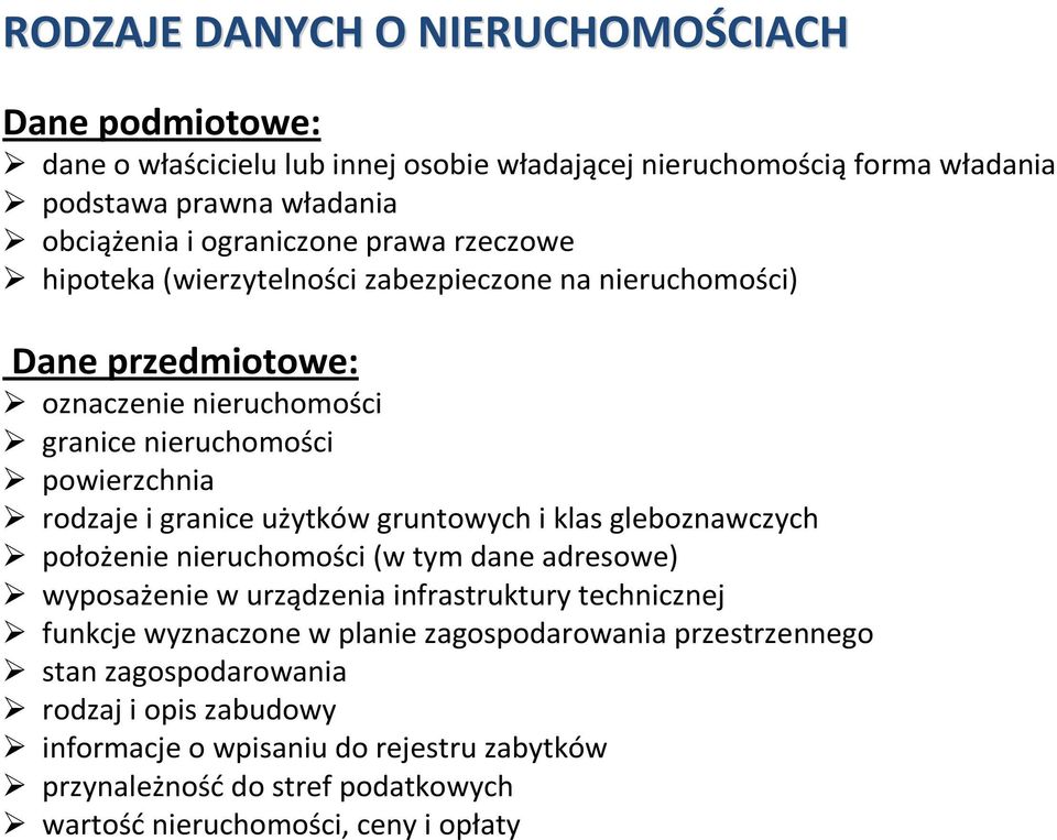 granice użytków gruntowych i klas gleboznawczych położenie nieruchomości (w tym dane adresowe) wyposażenie w urządzenia infrastruktury technicznej funkcje wyznaczone w planie