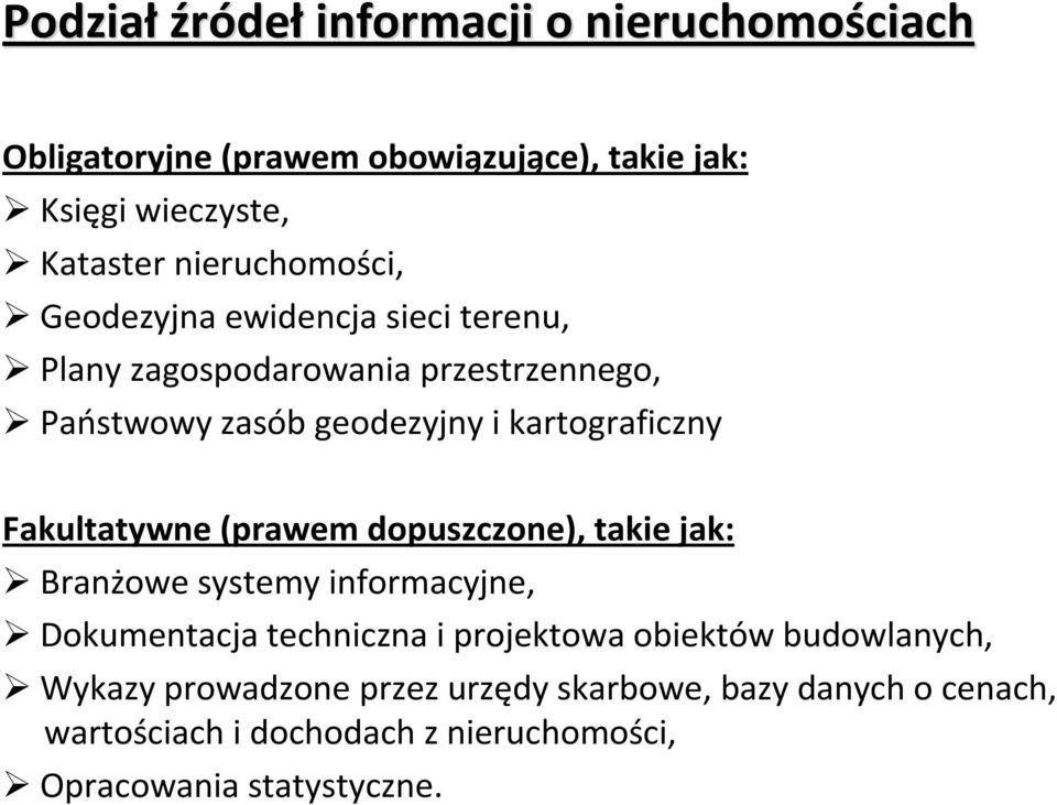 kartograficzny Fakultatywne (prawem dopuszczone), takie jak: Branżowe systemy informacyjne, Dokumentacja techniczna i projektowa