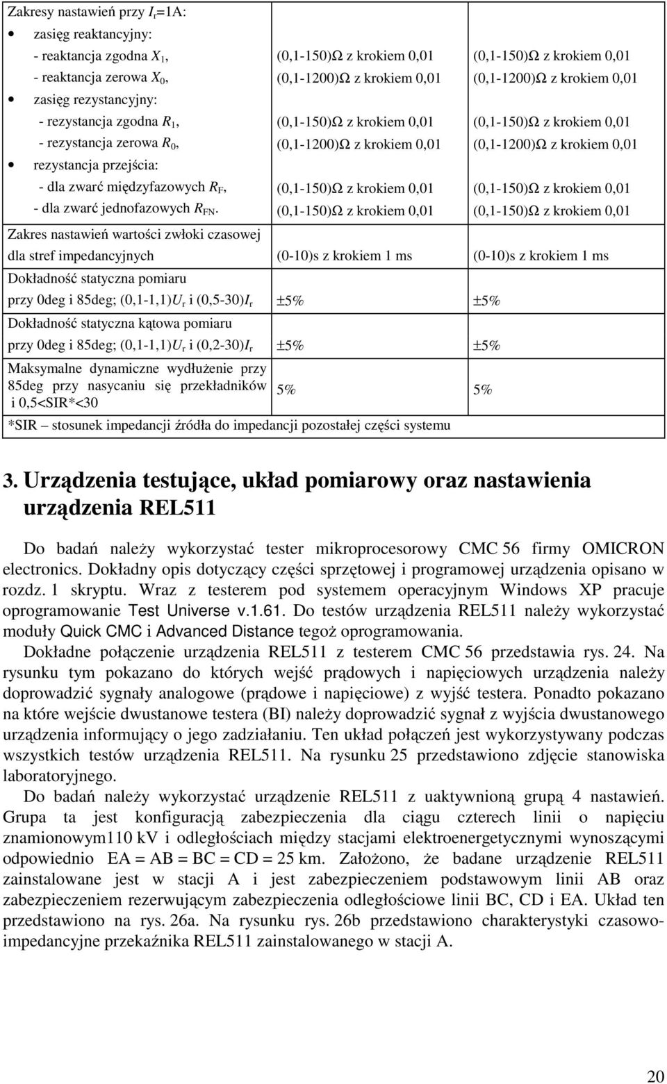 Zakres nastawień wartości zwłoki czasowej (0,1-150)Ω z krokiem 0,01 (0,1-1200)Ω z krokiem 0,01 (0,1-150)Ω z krokiem 0,01 (0,1-1200)Ω z krokiem 0,01 (0,1-150)Ω z krokiem 0,01 (0,1-150)Ω z krokiem 0,01