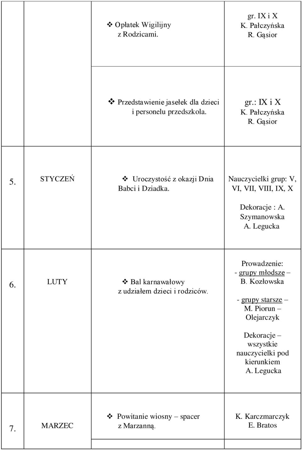 Szymanowska A. Legucka 6. LUTY Bal karnawałowy z udziałem dzieci i rodziców. Prowadzenie: - grupy młodsze B. Kozłowska - grupy starsze M.