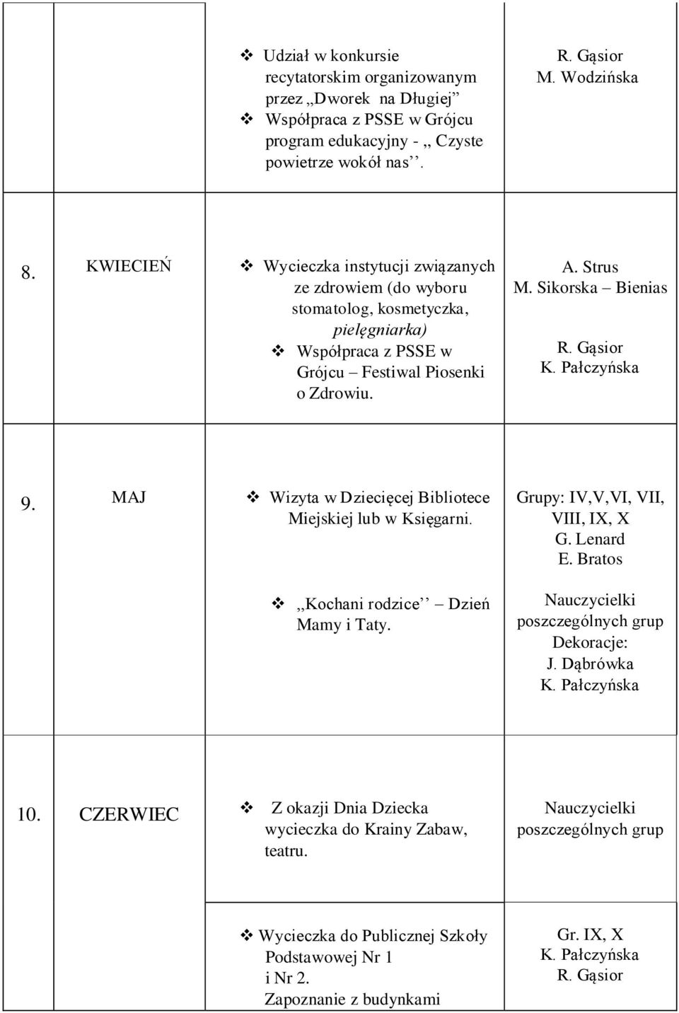 Pałczyńska 9. MAJ Wizyta w Dziecięcej Bibliotece Miejskiej lub w Księgarni. Grupy: IV,V,VI, VII, VIII, IX, X G. Lenard E. Bratos,,Kochani rodzice Dzień Mamy i Taty.