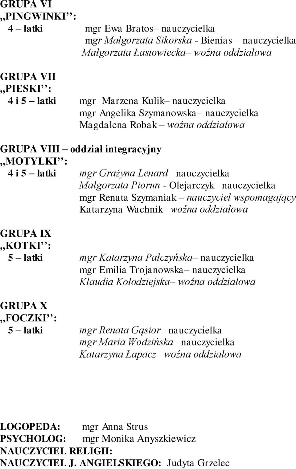 Olejarczyk nauczycielka mgr Renata Szymaniak nauczyciel wspomagający Katarzyna Wachnik woźna oddziałowa GRUPA IX,,KOTKI : 5 latki mgr Katarzyna Pałczyńska nauczycielka mgr Emilia Trojanowska