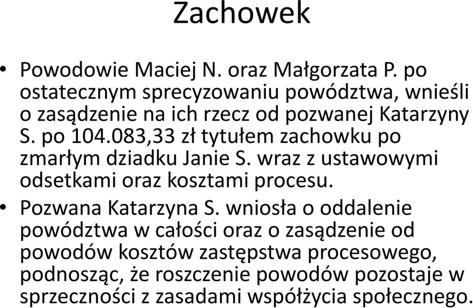 083,33 zł tytułem zachowku po zmarłym dziadku Janie S. wraz z ustawowymi odsetkami oraz kosztami procesu.