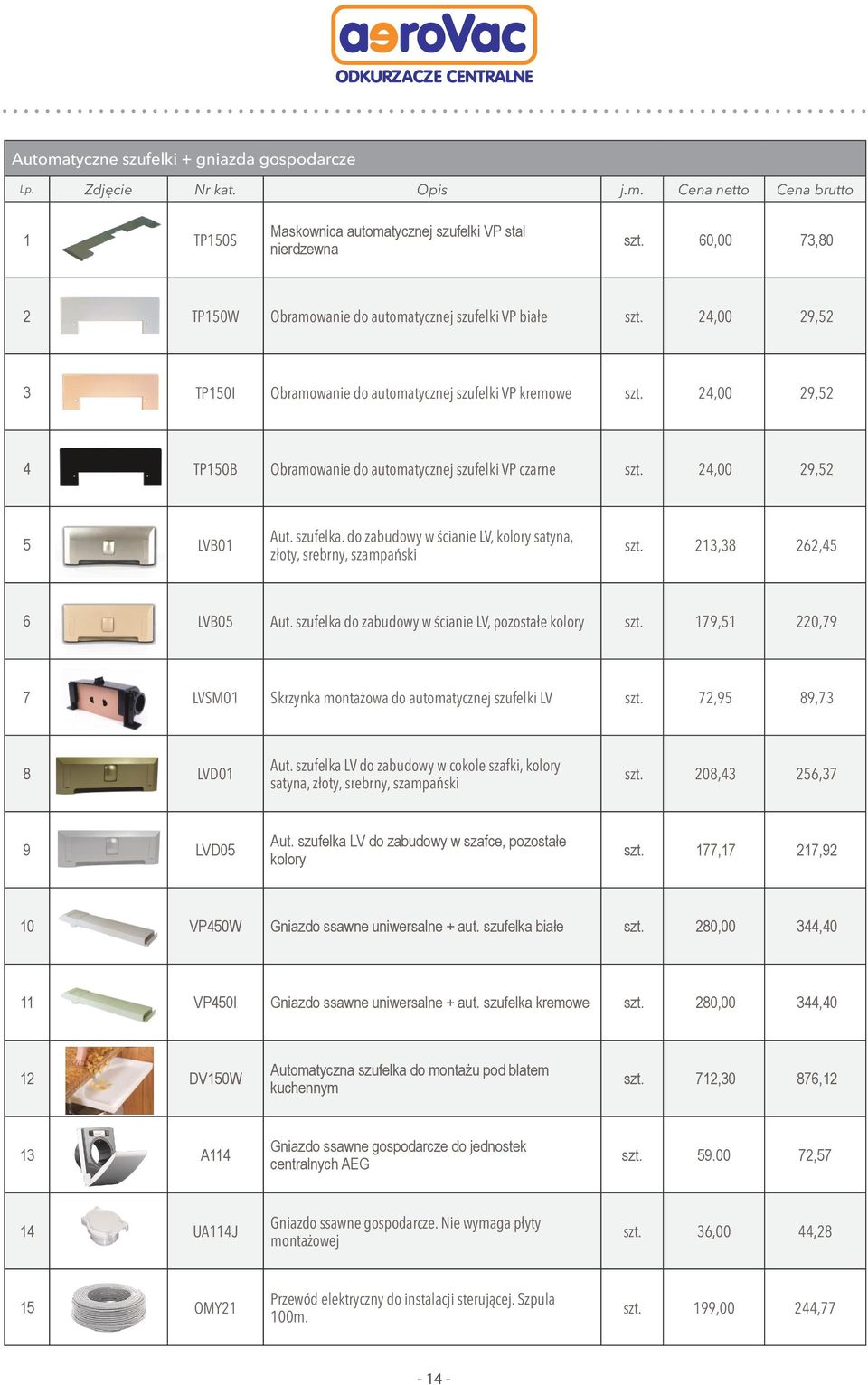 24,00 29,52 4 TP150B Obramowanie do automatycznej szufelki VP czarne szt. 24,00 29,52 5 LVB01 Aut. szufelka. do zabudowy w ścianie LV, kolory satyna, złoty, srebrny, szampański szt.