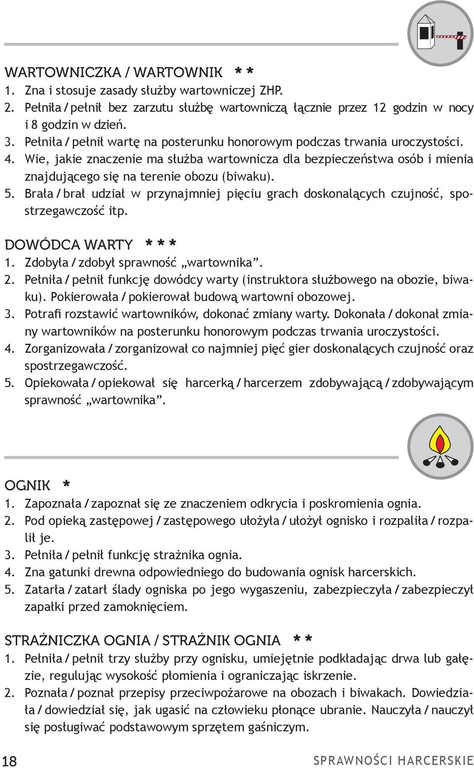 5. Brała / brał udział w przynajmniej pięciu grach doskonalących czujność, spostrzegawczość itp. DOWÓDCA WARTY *** 1. Zdobyła / zdobył sprawność wartownika. 2.