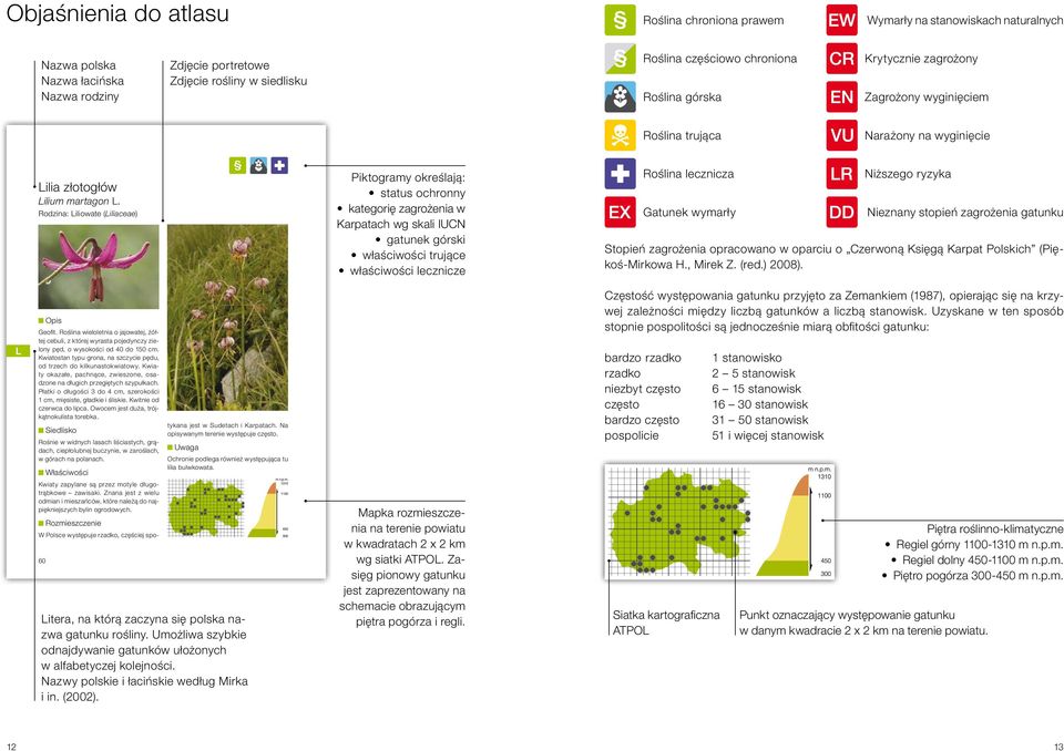 Rodzina: Liliowate (Liliaceae) Piktogramy określają: status ochronny kategorię zagrożenia w Karpatach wg skali IUCN gatunek górski właściwości trujące właściwości lecznicze Roślina lecznicza Gatunek