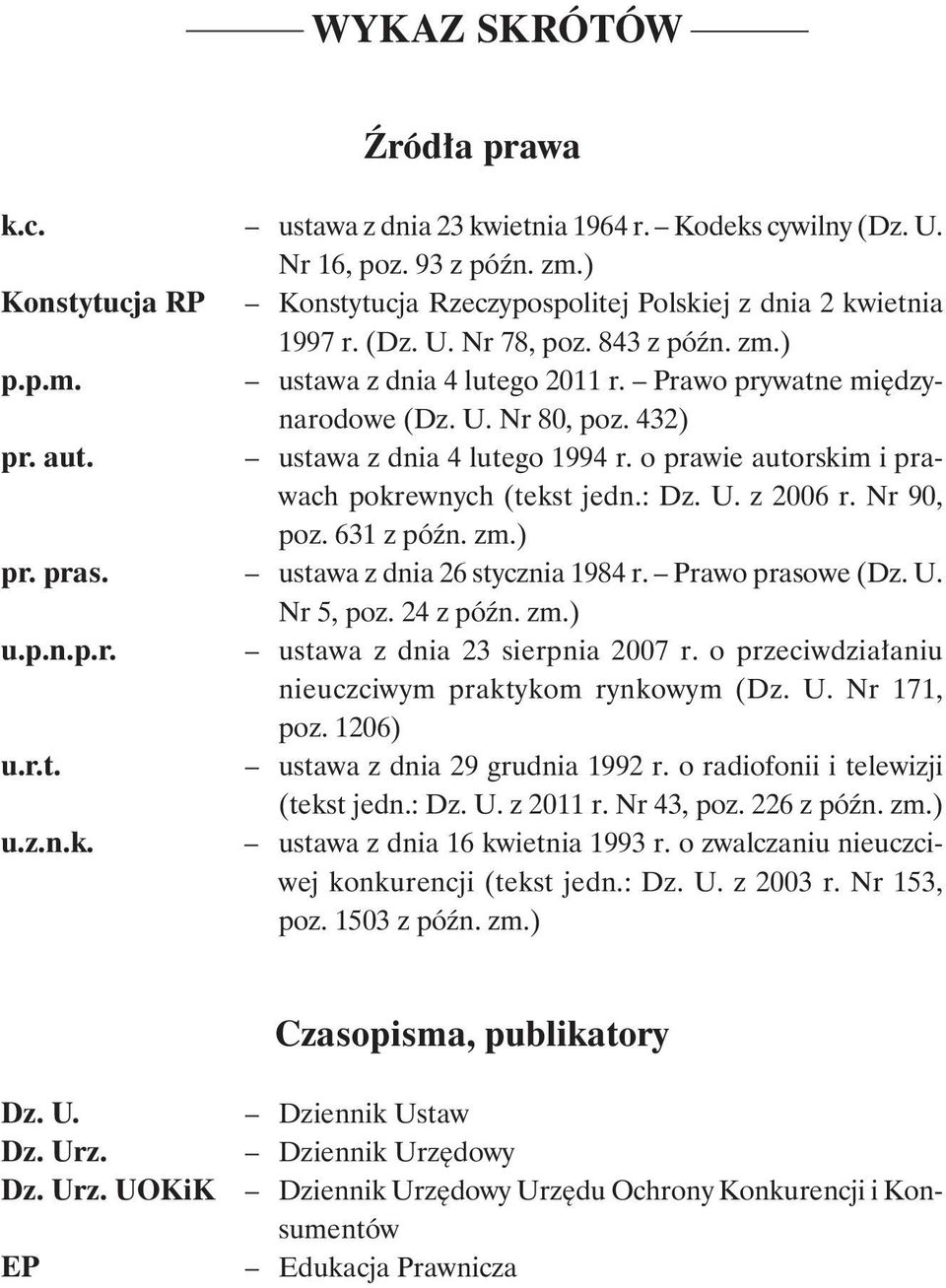 o prawie autorskim i prawach pokrewnych (tekst jedn.: Dz. U. z 2006 r. Nr 90, poz. 631 z późn. zm.) pr. pras. ustawa z dnia 26 stycznia 1984 r. Prawo prasowe (Dz. U. Nr 5, poz. 24 z późn. zm.) u.p.n.p.r. ustawa z dnia 23 sierpnia 2007 r.