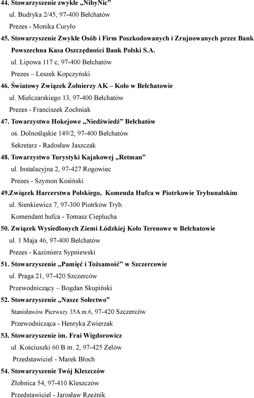 Światowy Związek Żołnierzy AK Koło w Bełchatowie ul. Mielczarskiego 13, 97-400 Bełchatów Prezes - Franciszek Zochniak 47. Towarzystwo Hokejowe Niedźwiedź Bełchatów oś.