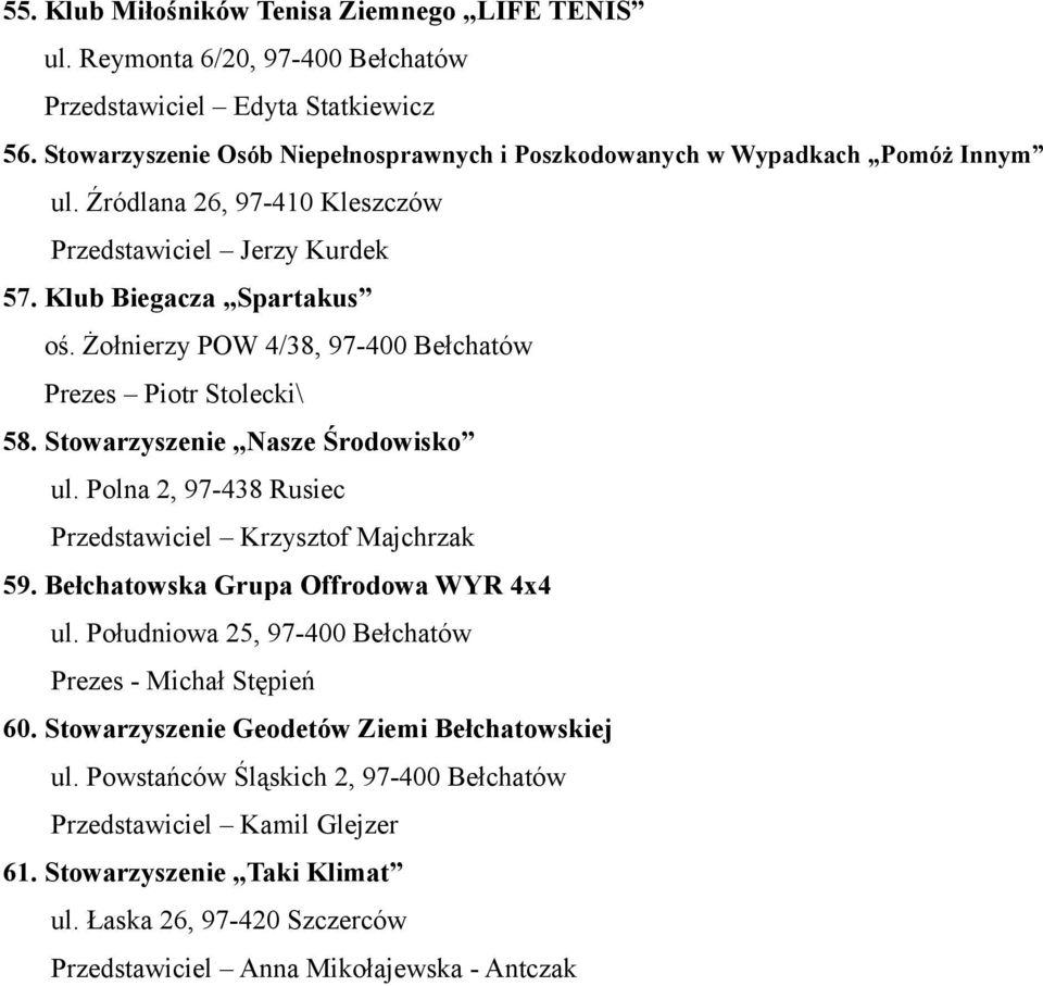 Żołnierzy POW 4/38, 97-400 Bełchatów Prezes Piotr Stolecki\ 58. Stowarzyszenie Nasze Środowisko ul. Polna 2, 97-438 Rusiec Przedstawiciel Krzysztof Majchrzak 59.