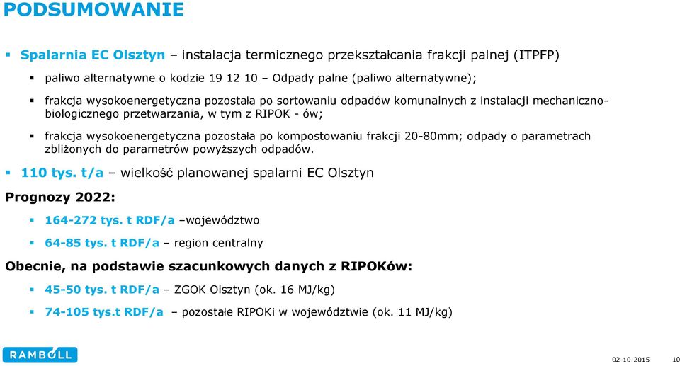 kompostowaniu frakcji 20-80mm; odpady o parametrach zbliŝonych do parametrów powyŝszych odpadów. 110 tys. t/a wielkość planowanej spalarni EC Olsztyn Prognozy 2022: 164-272 tys.