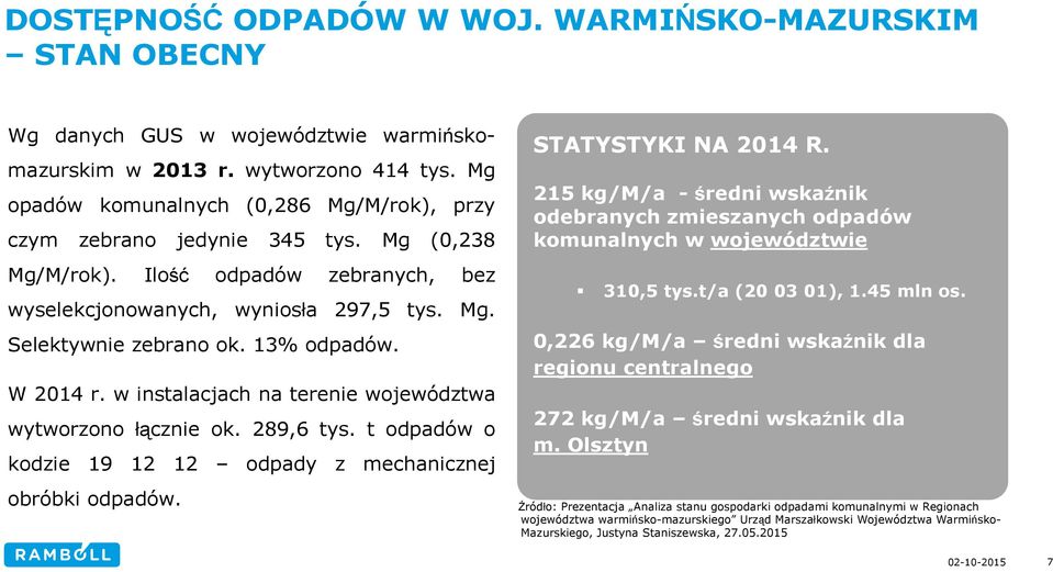 13% odpadów. W 2014 r. w instalacjach na terenie województwa wytworzono łącznie ok. 289,6 tys. t odpadów o kodzie 19 12 12 odpady z mechanicznej obróbki odpadów. STATYSTYKI NA 2014 R.