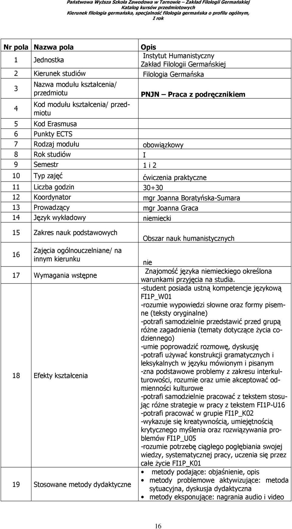 mgr Joanna Boratyńska-Sumara 13 Prowadzący mgr Joanna Graca 14 Język wykładowy niemiecki 15 Zakres nauk podstawowych 16 Zajęcia ogólnouczelniane/ na innym kierunku 17 Wymagania wstępne 18 Efekty