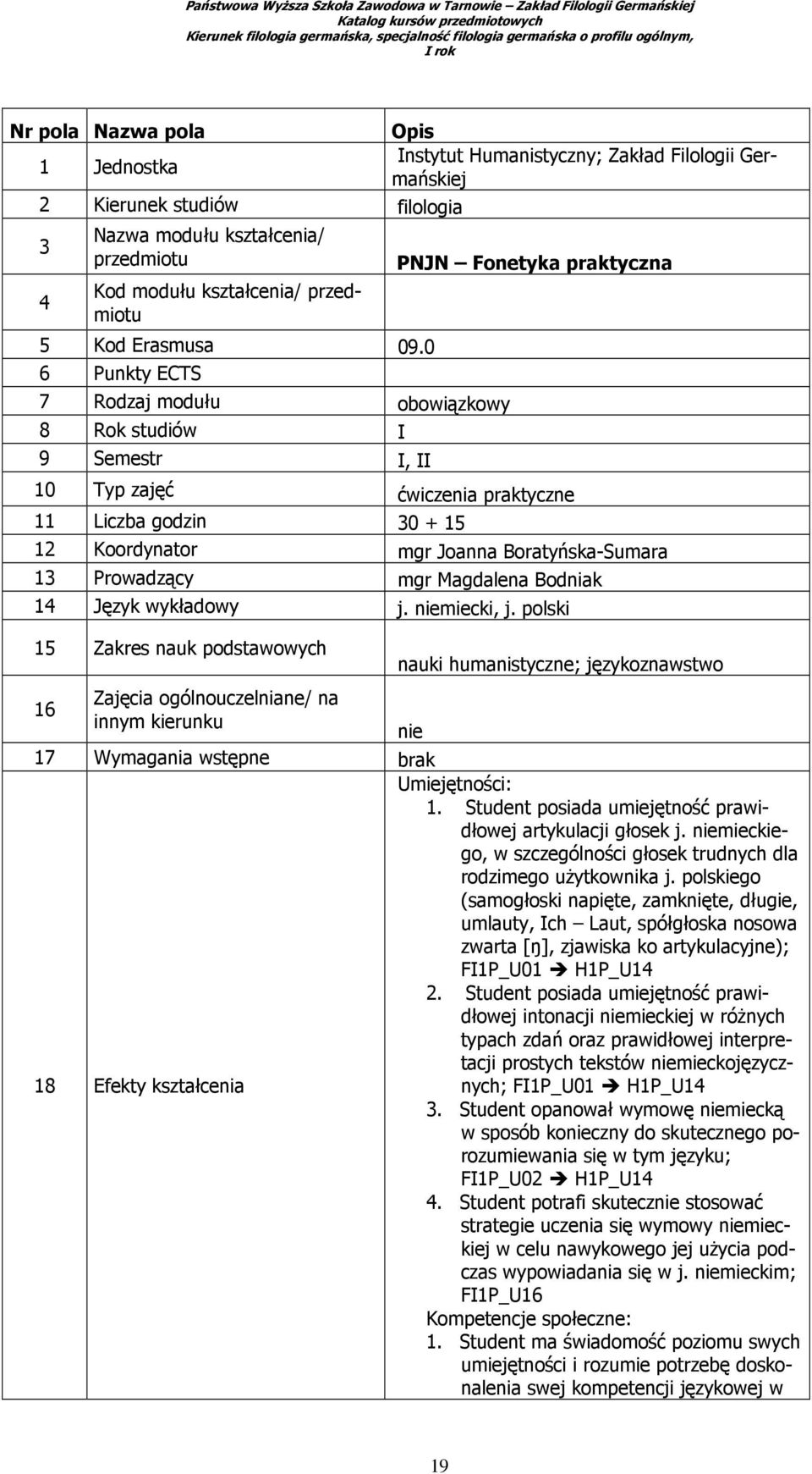 0 6 Punkty ECTS 7 Rodzaj modułu obowiązkowy 8 Rok studiów I 9 Semestr I, II PNJN Fonetyka praktyczna 10 Typ zajęć ćwiczenia praktyczne 11 Liczba godzin 30 + 15 12 Koordynator mgr Joanna