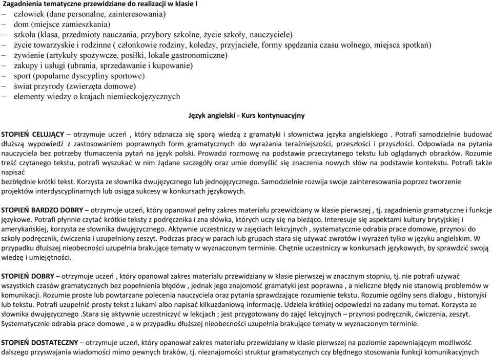 gastronomiczne) zakupy i usługi (ubrania, sprzedawanie i kupowanie) sport (popularne dyscypliny sportowe) świat przyrody (zwierzęta domowe) elementy wiedzy o krajach niemieckojęzycznych Język