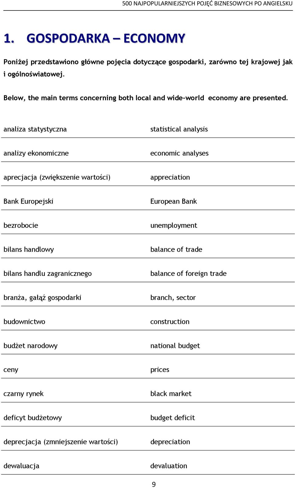 analiza statystyczna statistical analysis analizy ekonomiczne economic analyses aprecjacja (zwiększenie wartości) appreciation Bank Europejski European Bank bezrobocie