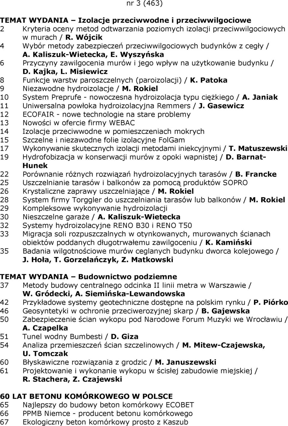 Misiewicz 8 Funkcje warstw paroszczelnych (paroizolacji) / K. Patoka 9 Niezawodne hydroizolacje / M. Rokiel 10 System Preprufe - nowoczesna hydroizolacja typu cięŝkiego / A.