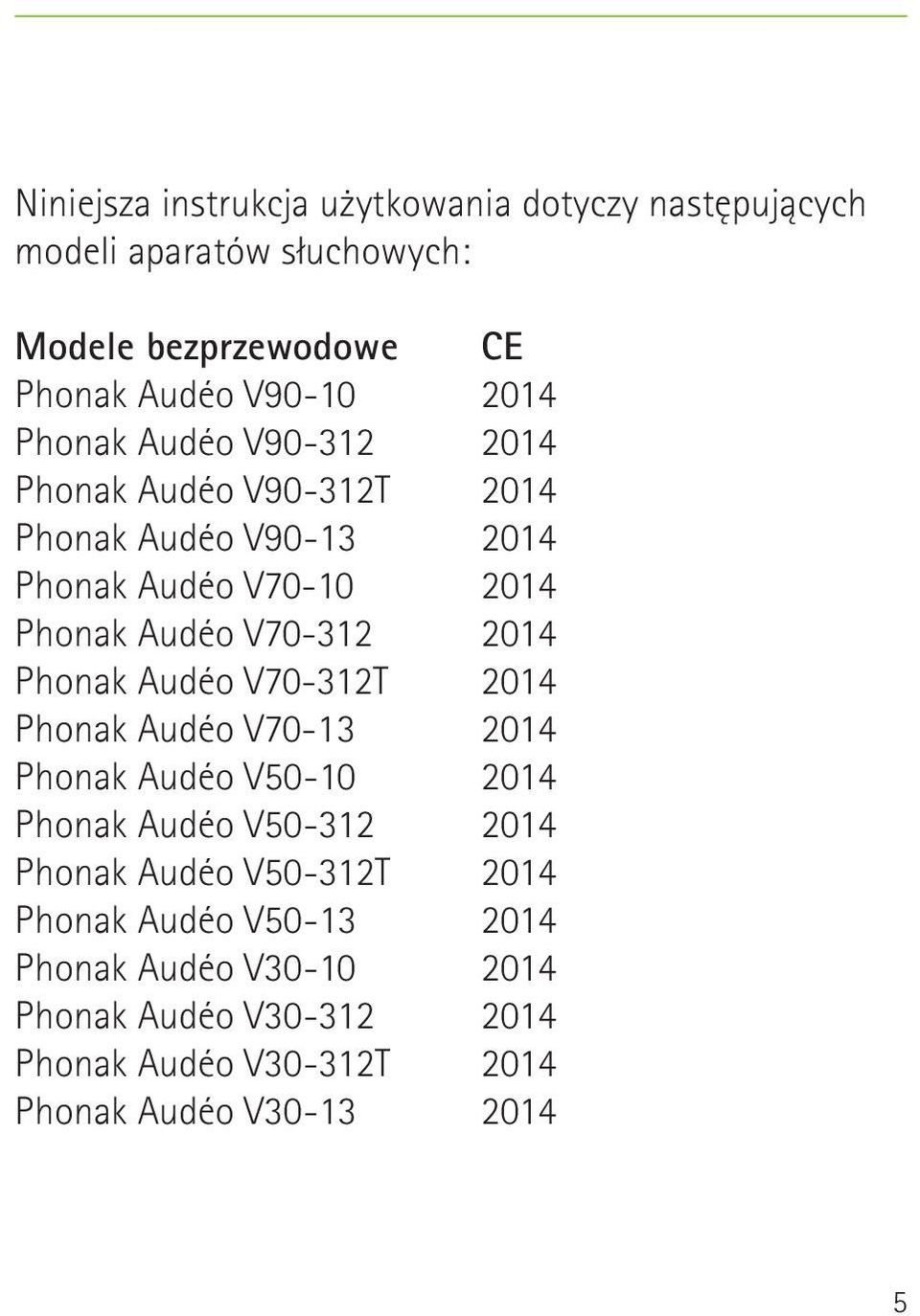 Phonak Audéo V70-13 Phonak Audéo V50-10 Phonak Audéo V50-312 Phonak Audéo V50-312T Phonak Audéo V50-13 Phonak Audéo V30-10 Phonak