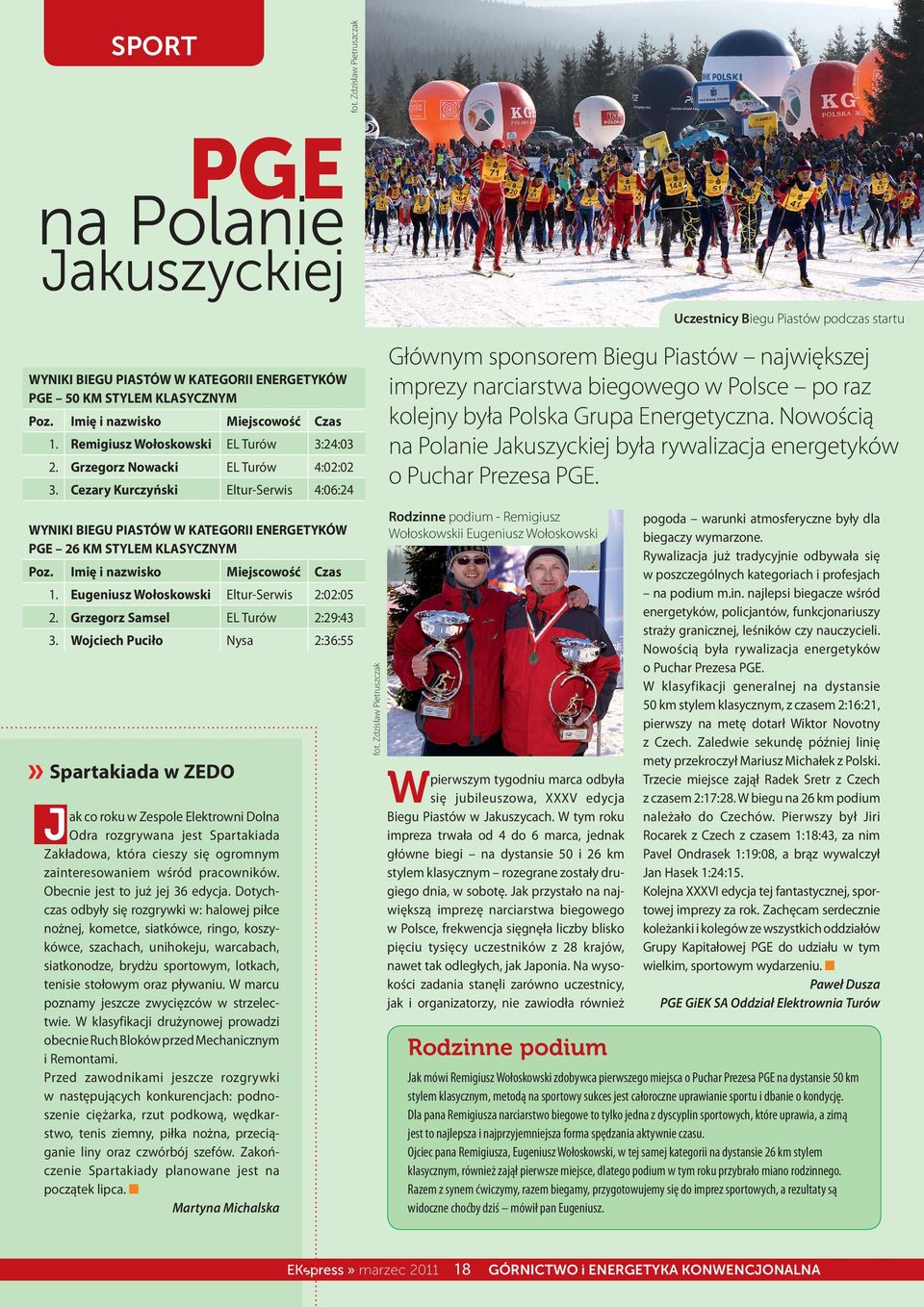 Cezary Kurczyński Eltur-Serwis 4:06:24 WYNIKI BIEGU PIASTÓW W KATEGORII ENERGETYKÓW PGE 26 KM STYLEM KLASYCZNYM Poz. Imię i nazwisko Miejscowość Czas 1. Eugeniusz Wołoskowski Eltur-Serwis 2:02:05 2.