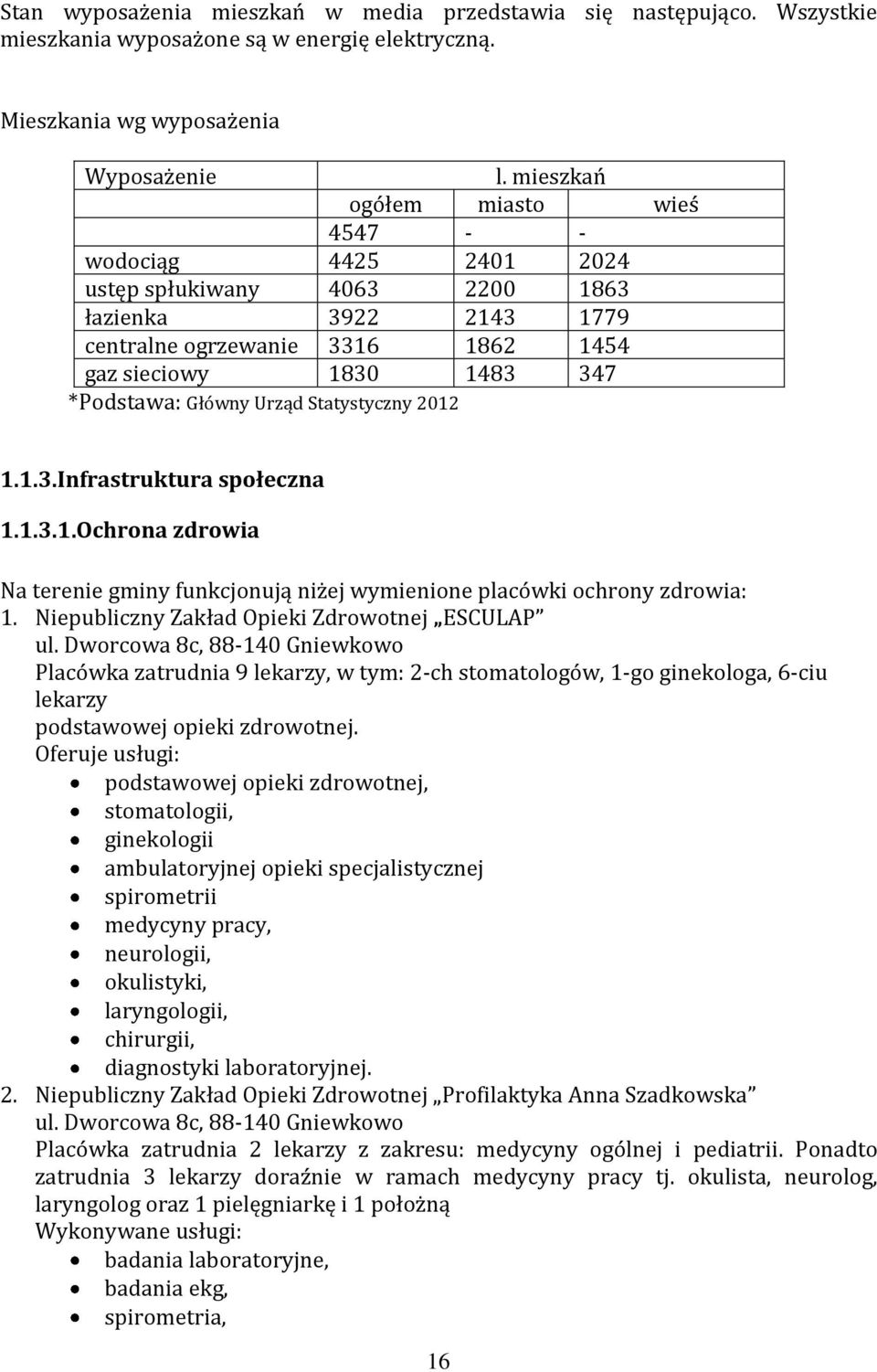 Urząd Statystyczny 2012 1.1.3.Infrastruktura społeczna 1.1.3.1.Ochrona zdrowia Na terenie gminy funkcjonują niżej wymienione placówki ochrony zdrowia: 1.