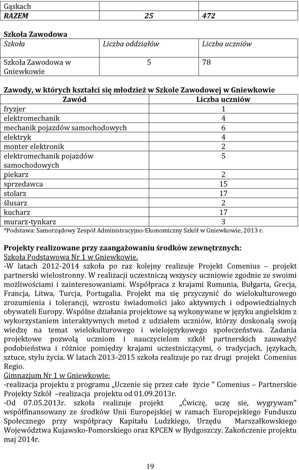 murarz-tynkarz 3 *Podstawa: Samorządowy Zespół Administracyjno-Ekonomiczny Szkół w Gniewkowie, 2013 r.