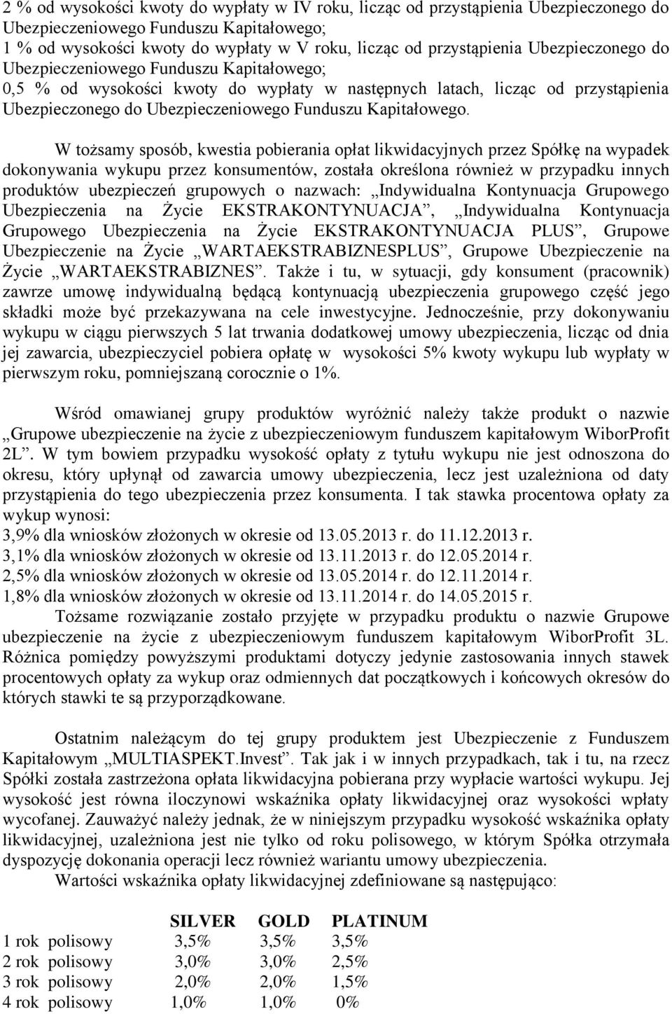 W tożsamy sposób, kwestia pobierania opłat likwidacyjnych przez Spółkę na wypadek dokonywania wykupu przez konsumentów, została określona również w przypadku innych produktów ubezpieczeń grupowych o