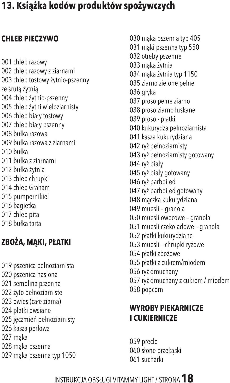 pumpernikiel 016 bagietka 017 chleb pita 018 bułka tarta ZBOŻA, MĄKI, PŁATKI 019 pszenica pełnoziarnista 020 pszenica nasiona 021 semolina pszenna 022 żyto pełnoziarniste 023 owies (całe ziarna) 024